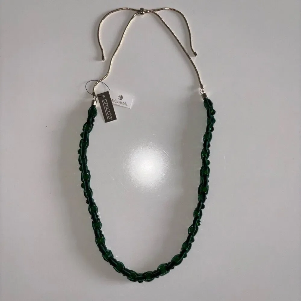 Chicos Green Velvet Ribbon & Gemstone Adjustable Necklace New Gold Tone Hardware